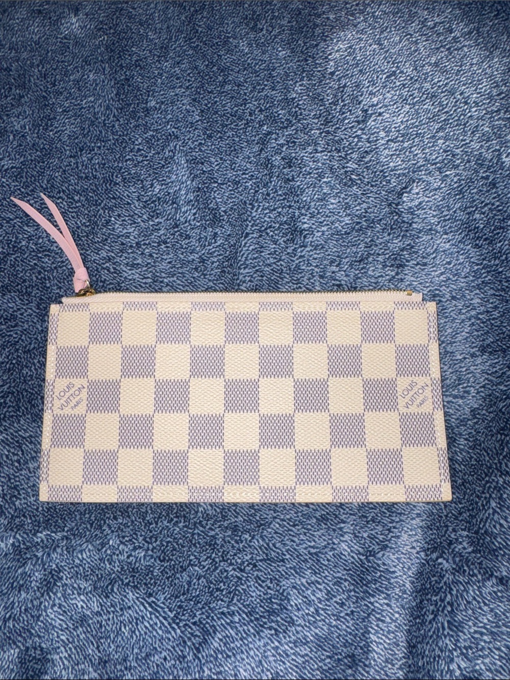 Louis Vuitton Damier Azur Canvas Clutch with Pink Zip Pull